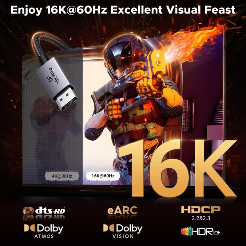 DisplayPort 2.1 Kablosu, 8K 60Hz HDR Video Desteği