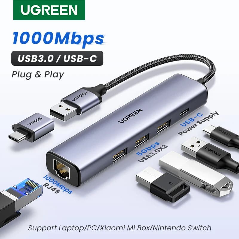 1000Mbps RJ45 ve USB Hub'lı USB-C Ethernet Adaptörü
