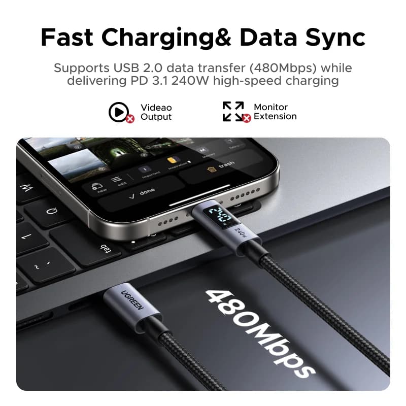 Dijital Güç Ekranlı 240W USB-C Kablosu