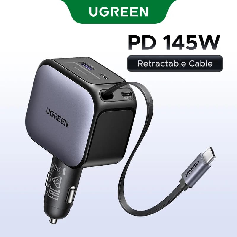 3 USB-C Portlu ve Geri Sarılabilir Kablolu 145W Araç Şarj Cihazı