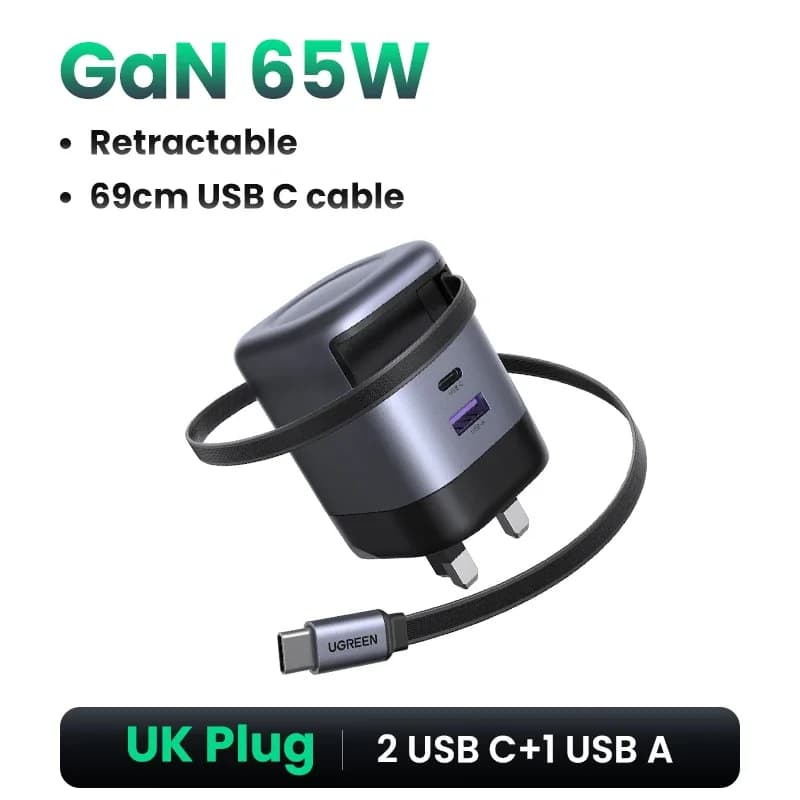 Geri Sarılabilir USB-C Kablolu 65W GaN Şarj Cihazı