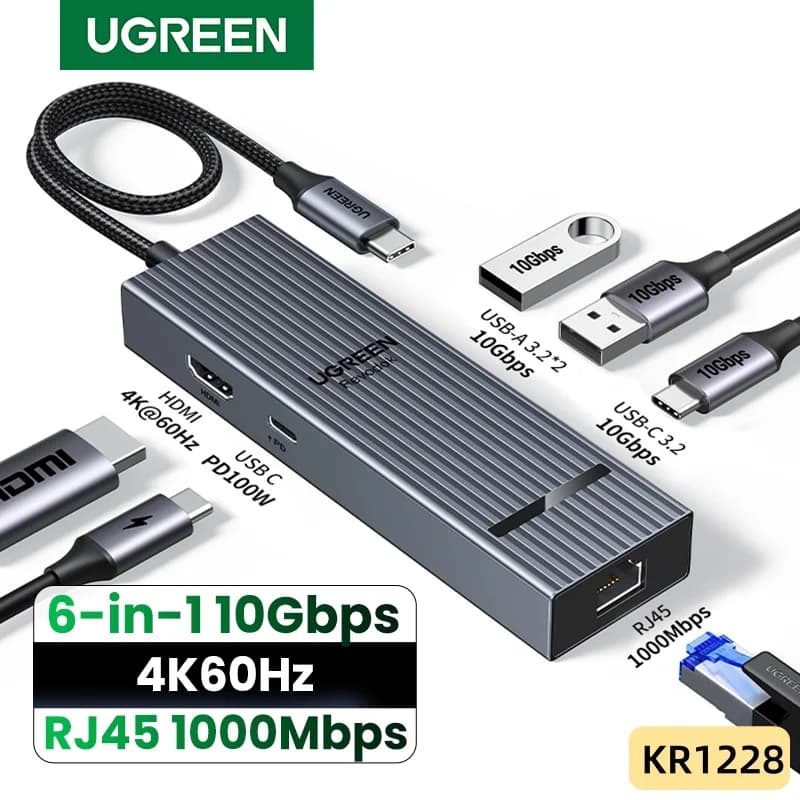 6'sı 1 Arada USB-C Hub, 4K HDMI, Gigabit Ethernet, 100W PD