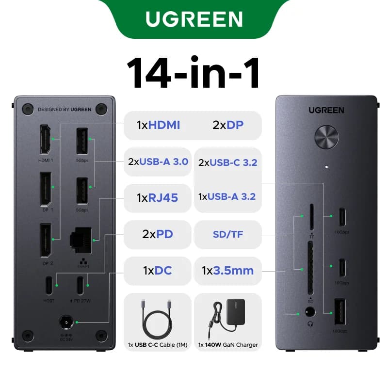 14'ü 1 Arada USB-C Docking İstasyonu, Üçlü Ekran, 10Gbps